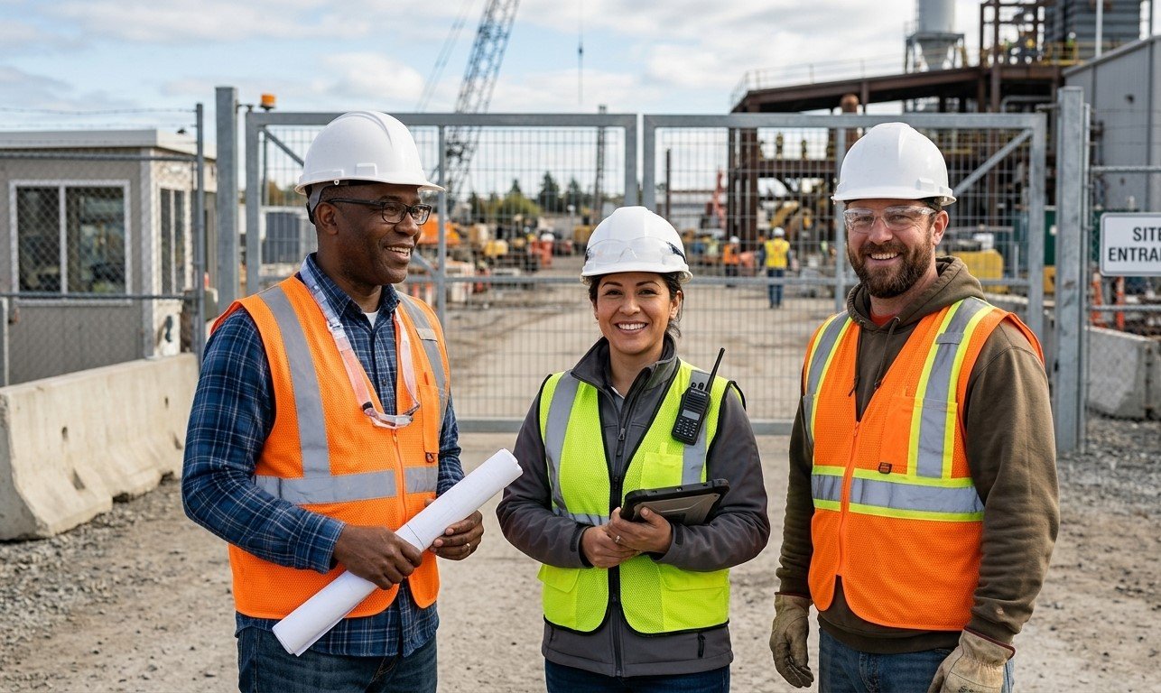 Safety officer conducting a NEBOSH-style workplace risk assessment in an industrial facility
