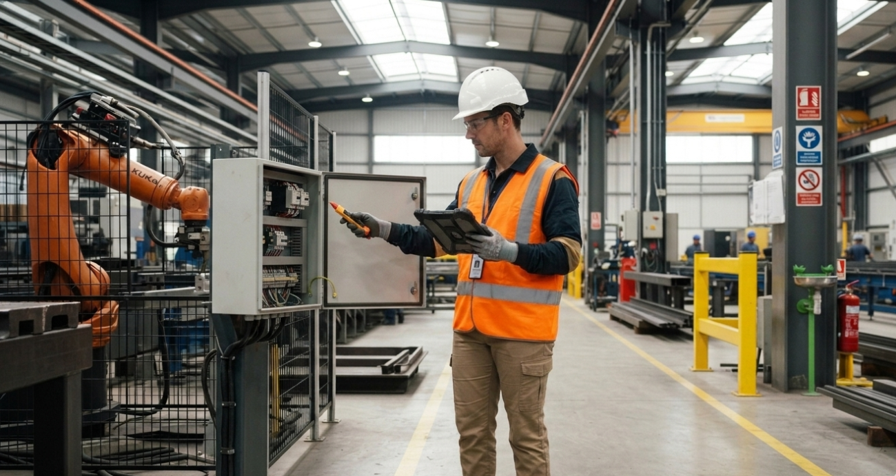 Safety professional identifying hazards near industrial machinery and electrical equipment