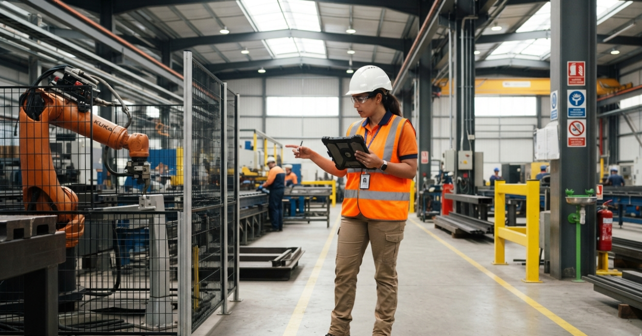 Industrial safety and health specialist wearing PPE conducting a workplace safety inspection