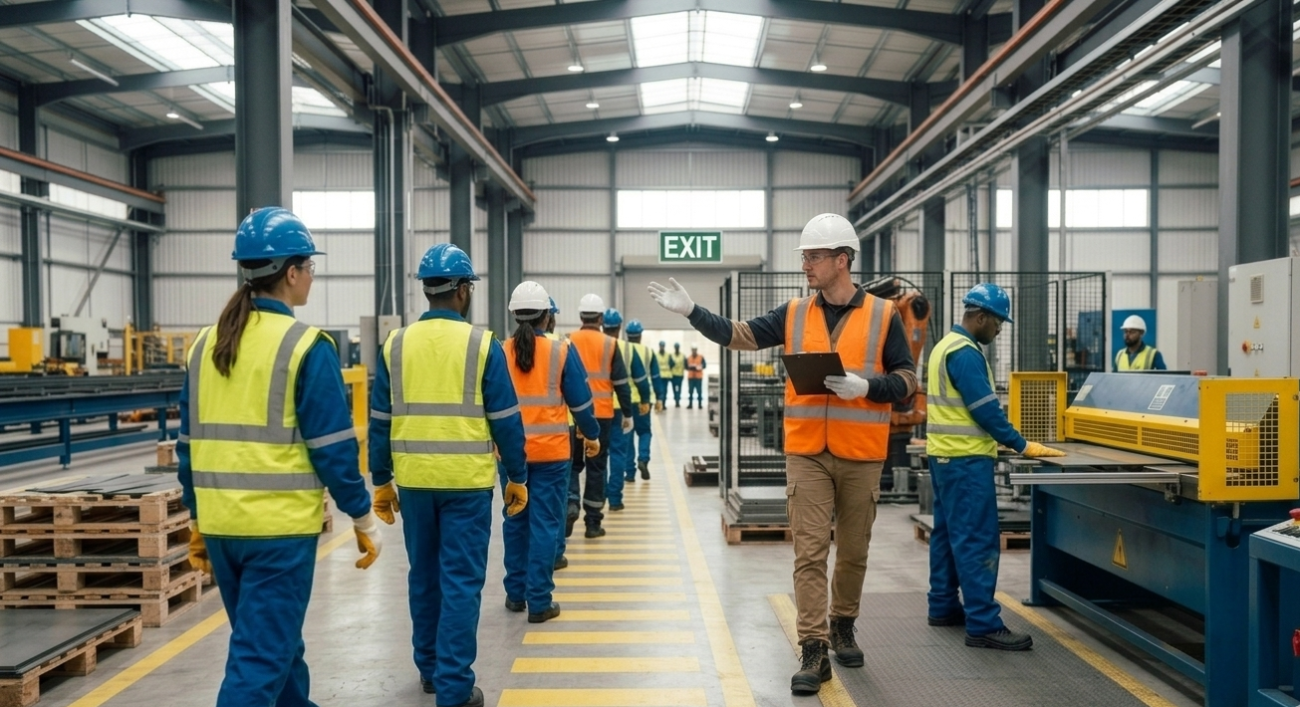 Workers following an emergency evacuation procedure during a safety drill