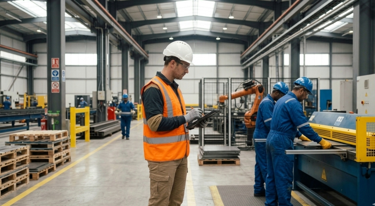 EHS specialist performing a workplace risk assessment using a tablet in an industrial setting