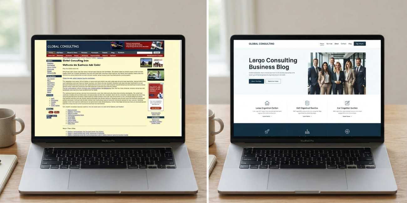 Comparison between an outdated cluttered website design and a modern, well-organized website design.