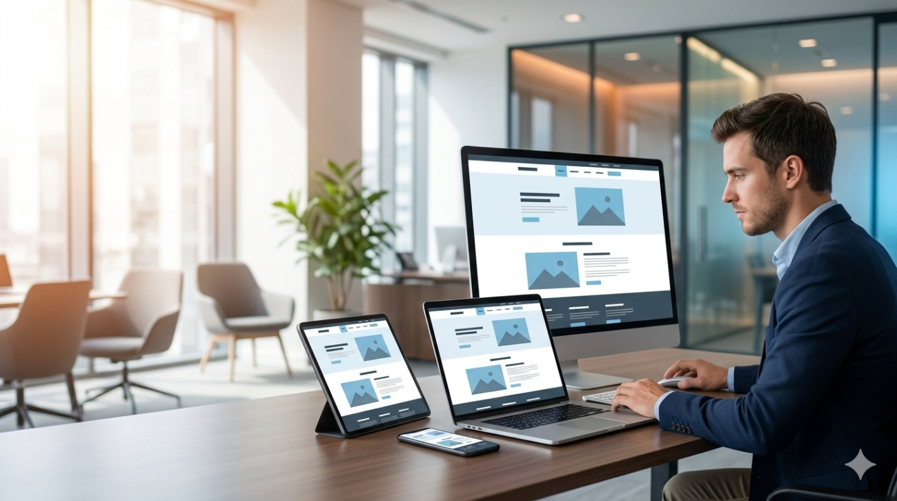 Professional web designer building a responsive business website across desktop, tablet, and mobile screens.