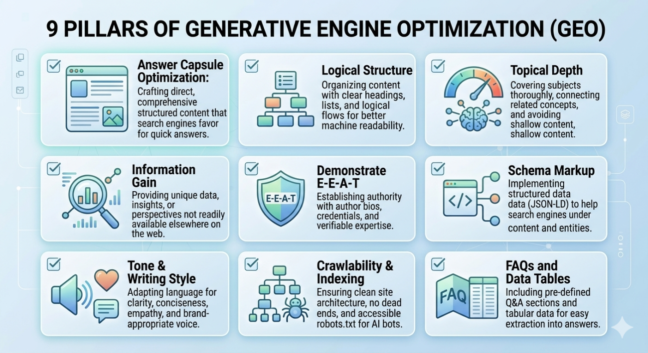 9 pillars of Generative Engine Optimization checklist."