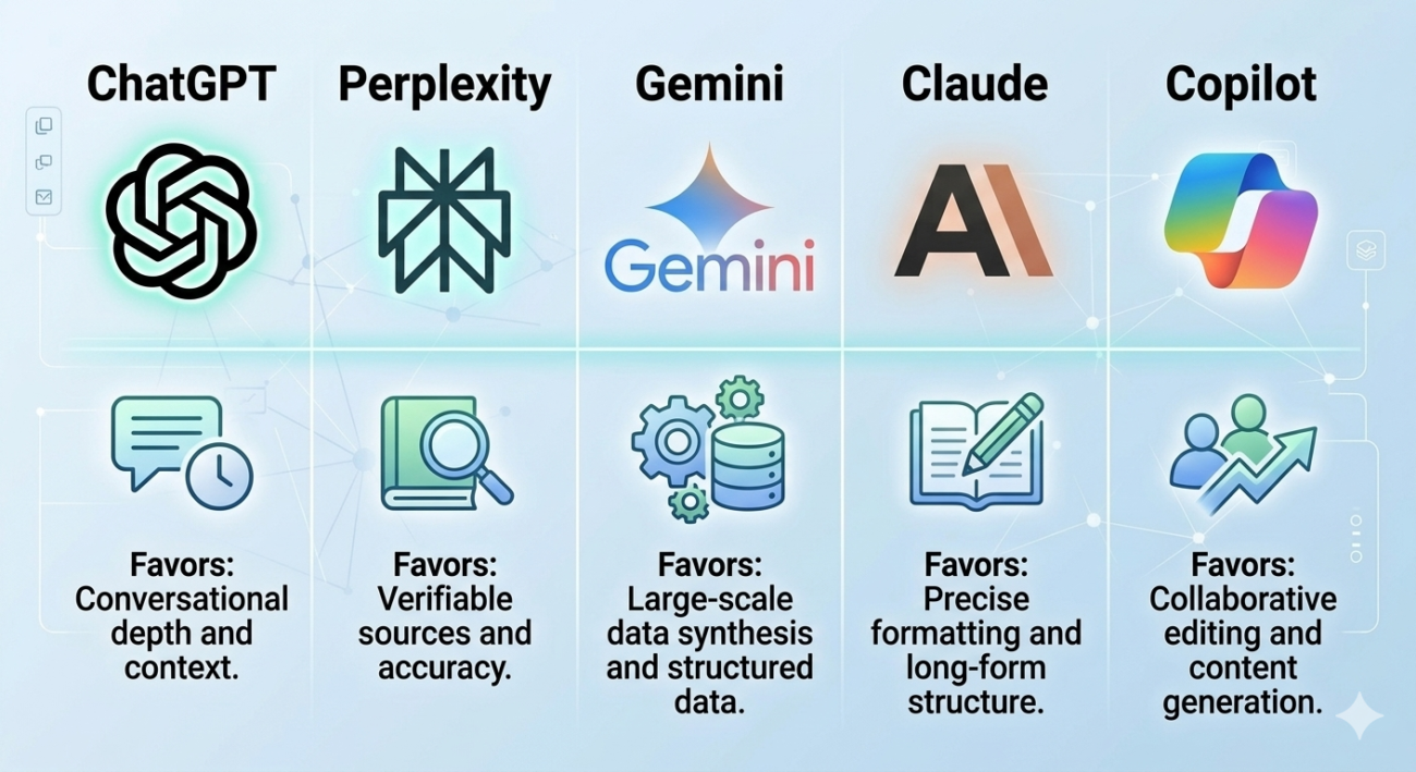 ChatGPT, Perplexity, Gemini, Claude, Copilot