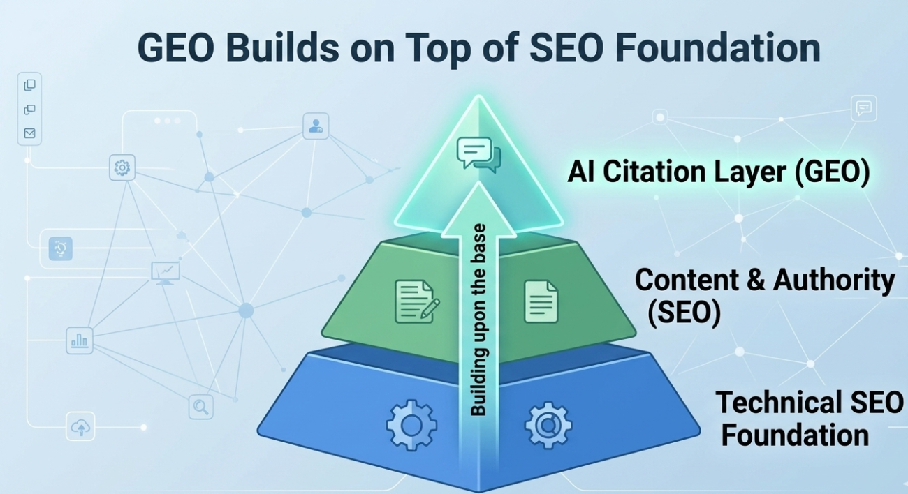 GEO builds on top of SEO foundation diagram.